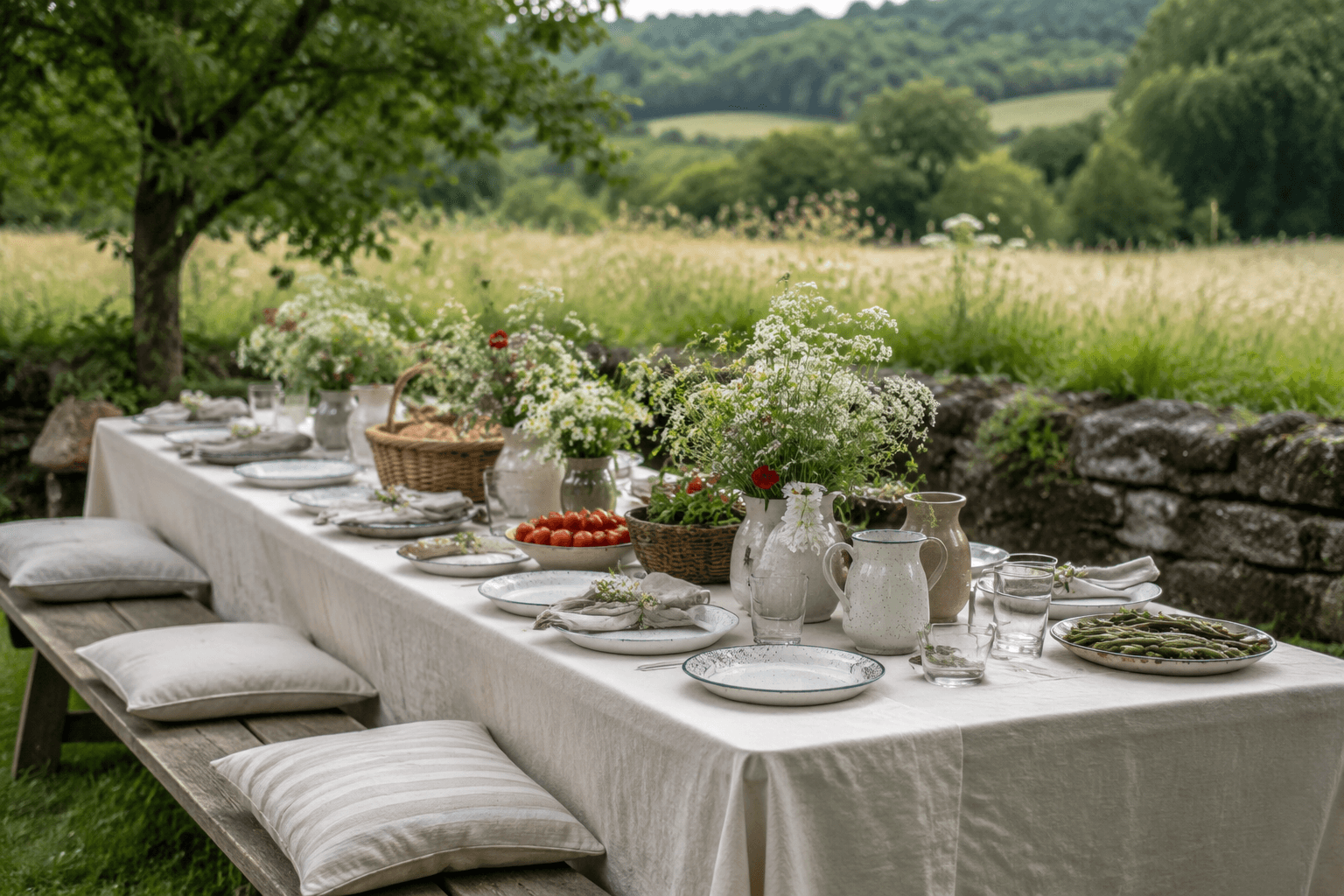 A long country garden supper table set in an English meadow
